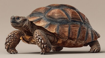 Close-up of a Large Adult Turtle with Pattern and Textured Skin on a Neutral Background, Highlighting Its Head Limbs and Detailed Carapace