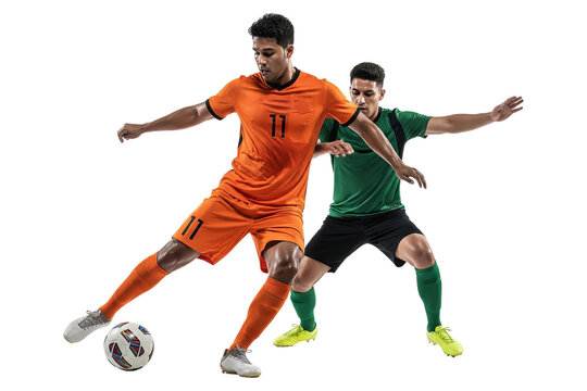 Male soccer player in an orange jersey dribbling past a defender in green