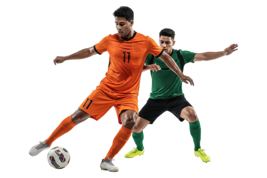 Male soccer player in an orange jersey dribbling past a defender in green