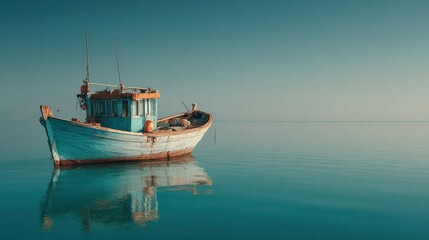 Serene coastal scene with a solitary vintage wooden boat floating on calm turquoise waters under clear sky with distant horizon and gentle reflections