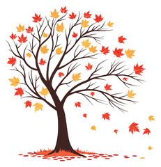 Obraz premium Stylized tree with red and yellow maple leaves blowing off the branches in the autumn wind.