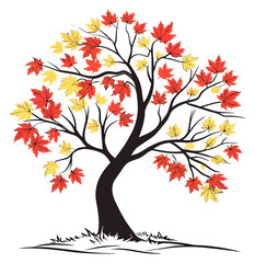 Obraz premium Stylized maple tree illustration with red and yellow autumn leaves on dark branches and trunk.
