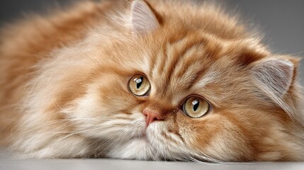 Close-up of Fluffy Ginger Persian Cat with Bright Green Eyes Lying Relaxed on Surface Showing Detailed Fur and Calm Expression in Indoor Setting