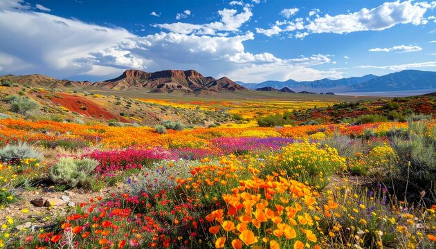 Vibrant desert superbloom explodes with breathtaking color across rolling hills under a dramatic sky, showcasing nature's stunning spectacle and inspiring wonder.