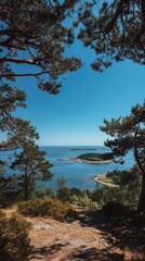 Obraz premium Coastal landscape framed by trees under a clear, bright blue sky