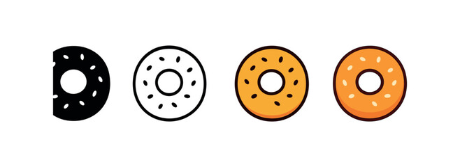 Vector icon bagel same pose same proportions four styles black solid glyph outline minimal flat multicolor filled cartoon flat shaded.