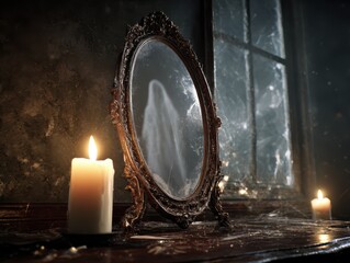 Old Mirror with Ghostly Reflection in Candlelight - Spooky Haunted Horror Scene