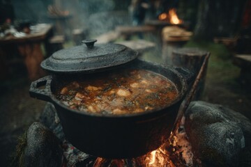 Fototapeta premium A cast iron pot with stew cooking over a campfire outdoors.