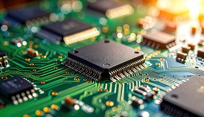 Detailed View of a Green Circuit Board with Microchips and Gold Connections Under Bright Lighting