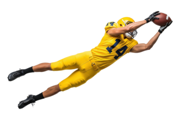 American football receiver in a yellow uniform making a spectacular diving catch