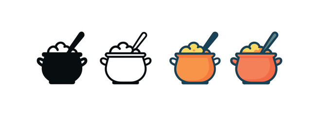 Vector icon curry pot same pose same proportions four styles black solid glyph outline minimal flat multicolor filled cartoon flat shaded.
