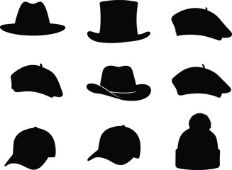 Hat silhouettes, black and white illustration, vintage headwear, fashion accessories, fedora, top hat, beret, cowboy hat, baseball cap, beanie