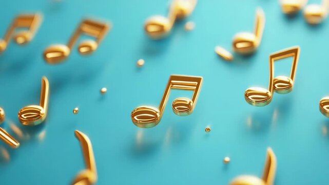 Golden music notes pattern on turquoise background for musical event design, celebration, concert poster, song contest backdrop, festive greeting card, or invitation template