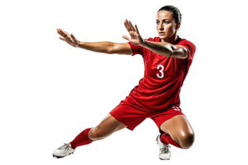 Female soccer player in a red uniform in a focused defensive stance