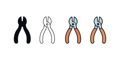 Vector icon cutting pliers same pose same proportions four styles black solid glyph outline minimal flat multicolor filled cartoon flat shaded.