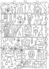 Christmas-Themed Coloring Page With Many Elements For The New Year Holiday