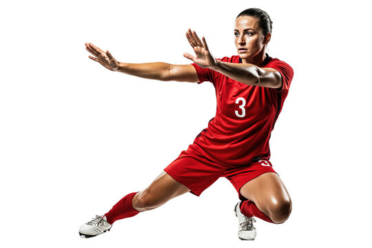 Female soccer player in a red uniform in a focused defensive stance