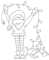 Coloring Page Of A Christmas Gnome With String Lights