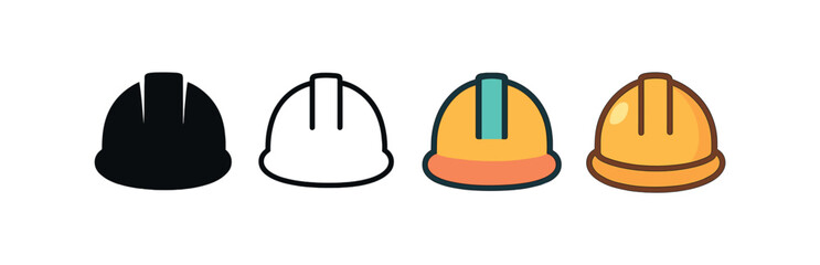 Vector icon helmet hardhat same pose same proportions four styles black solid glyph outline minimal flat multicolor filled cartoon flat shaded.