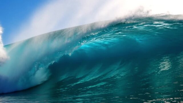 Smooth slow-motion shot of a wave crashing into whitewater, with sunlight shimmering across the turquoise sea