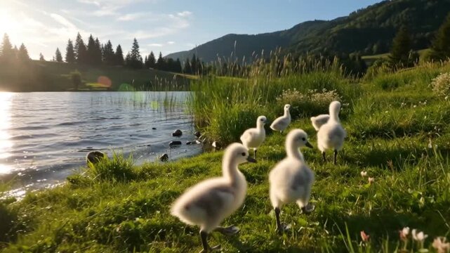 Young cygnets strolling through green grass by Lake Walensee in Walenstadt, Switzerland, on a summer day