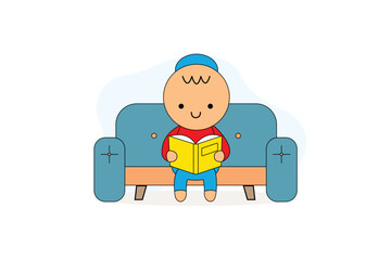 Cute Cartoon Boy Reading a Book on Sofa Illustration