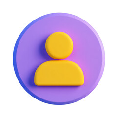 A 3d rendering of a user icon with a yellow figure on a purple background, isolated on transparent background the design is simple and modern