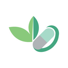 Obraz premium Green leaves and pill icon representing natural medicine