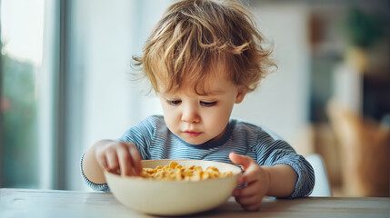 Young child with curly hair enjoying breakfast cereal in a bright kitchen setting