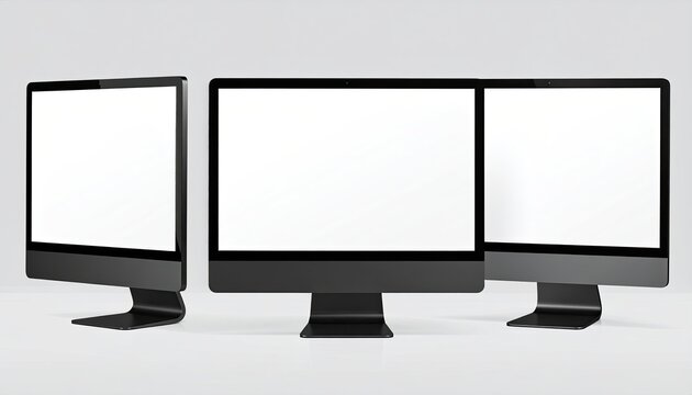 Three Monitors Blank White Screens on a Desk for Template Presentation