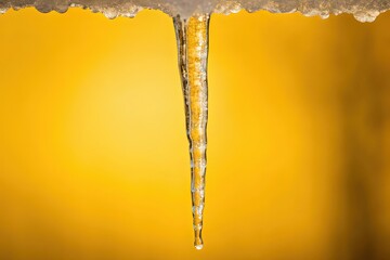 Single transparent icicle hanging with melting water drop against vivid yellow background, representing frozen winter detail, thaw, and seasonal transition
