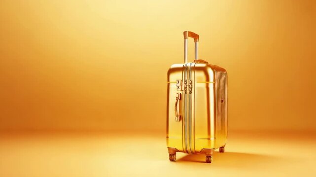Shiny gold suitcase on vibrant yellow background with rolling wheels and handle