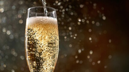 Close up of champagne bubbles rising in tall flute glass