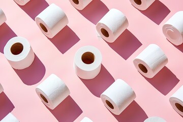 Toilet paper rolls on pink surface; concept for hygiene, panic buying, shopping