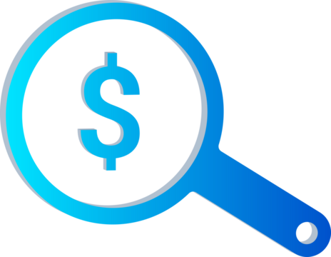 3D Blue Gradient Magnifying Glass with Dollar Symbol Isolated on Transparent Background - Powered by Adobe