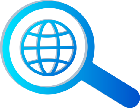 Blue Gradient  3D Search Icon with Globe Symbol Isolated on Transparent Background.