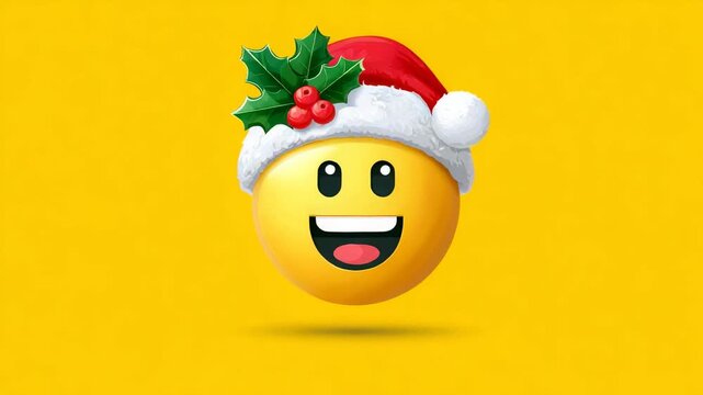 Smiling emoji with Santa hat and holly decoration on yellow background for Christmas holiday