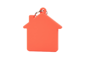 House shaped keychain isolated on transparent background, real estate and property concept Orange home key ring for new house