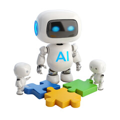 AI Robot Collaboration with Puzzle Pieces on Transparent Background