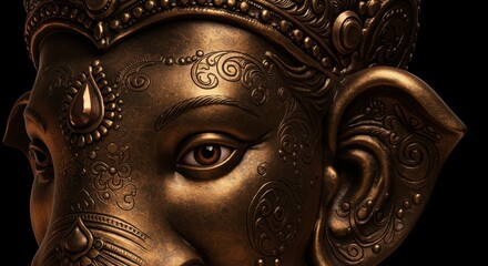 Close-up of a detailed golden Ganesha statue with intricate carvings and a dark background