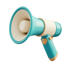 A vibrant blue and white megaphone, isolated on transparent background, stands ready to amplify voices and messages, promoting communication and announcements effectively
