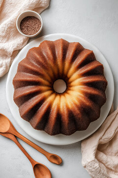 Overhead view of a whole Czech babovka bundt cake with a golden-brown crust, baked in a fluted ring shape, lightly marbled with chocolate and vanilla throughout the crumb, served on a white plate on a