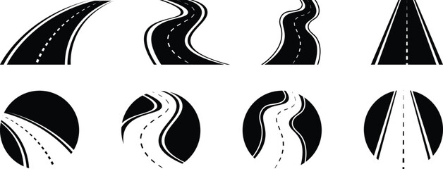 Roads vector set. Straight and winding road road. Highway symbols. Road signs. Wavy winding curves roads. Straight road vector template. Roads 