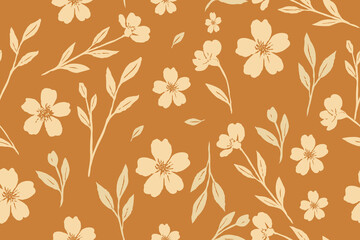 Seamless floral pattern with beige flowers and leaves on a warm terracotta background, perfect for fabric, wallpaper, stationery, and vintage-inspired designs.