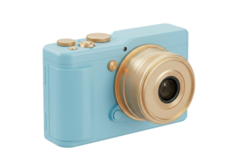 Retro-style light blue camera isolated on a clean backdrop, vintage photography equipment for creative projects and design