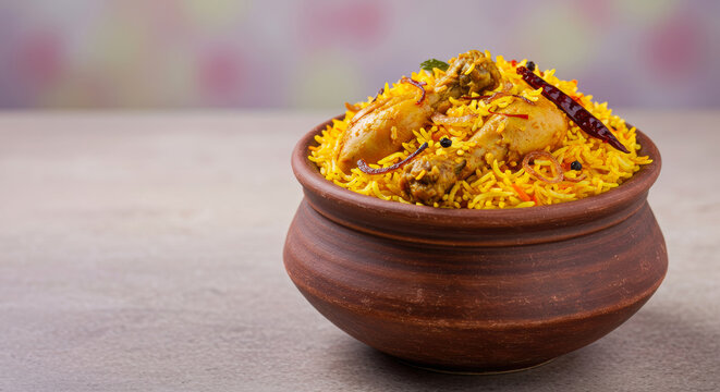 Aromatic Indian Chicken Biryani with Tender Chicken Pieces and Fragrant Yellow Rice, Presented in a Rustic Earthen Pot