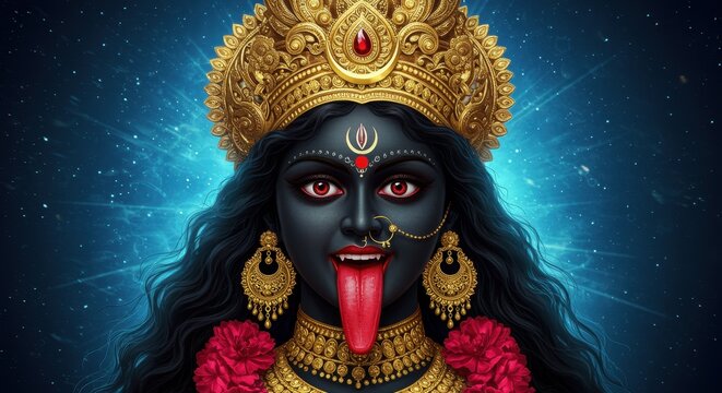 Close-up Portrait of Goddess Kali with Fiery Red Eyes and Extended Tongue Hindu goddess face