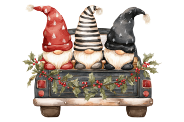 Three watercolor gnomes in truck isolated on a transparent background 1