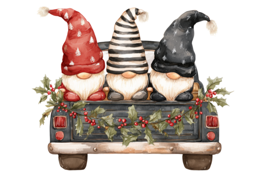 Three watercolor gnomes in truck isolated on a transparent background 1