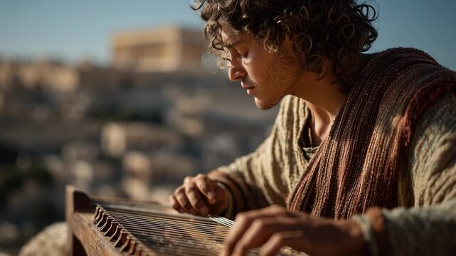 Young shepherd man playing ancient string instrument pslatsry with focused expression in biblical times footage.